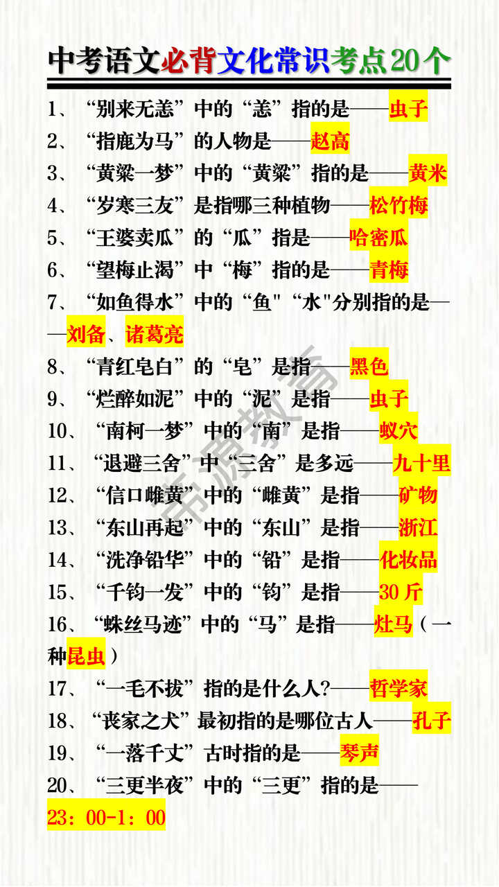 中考语文必背文化常识考点20个