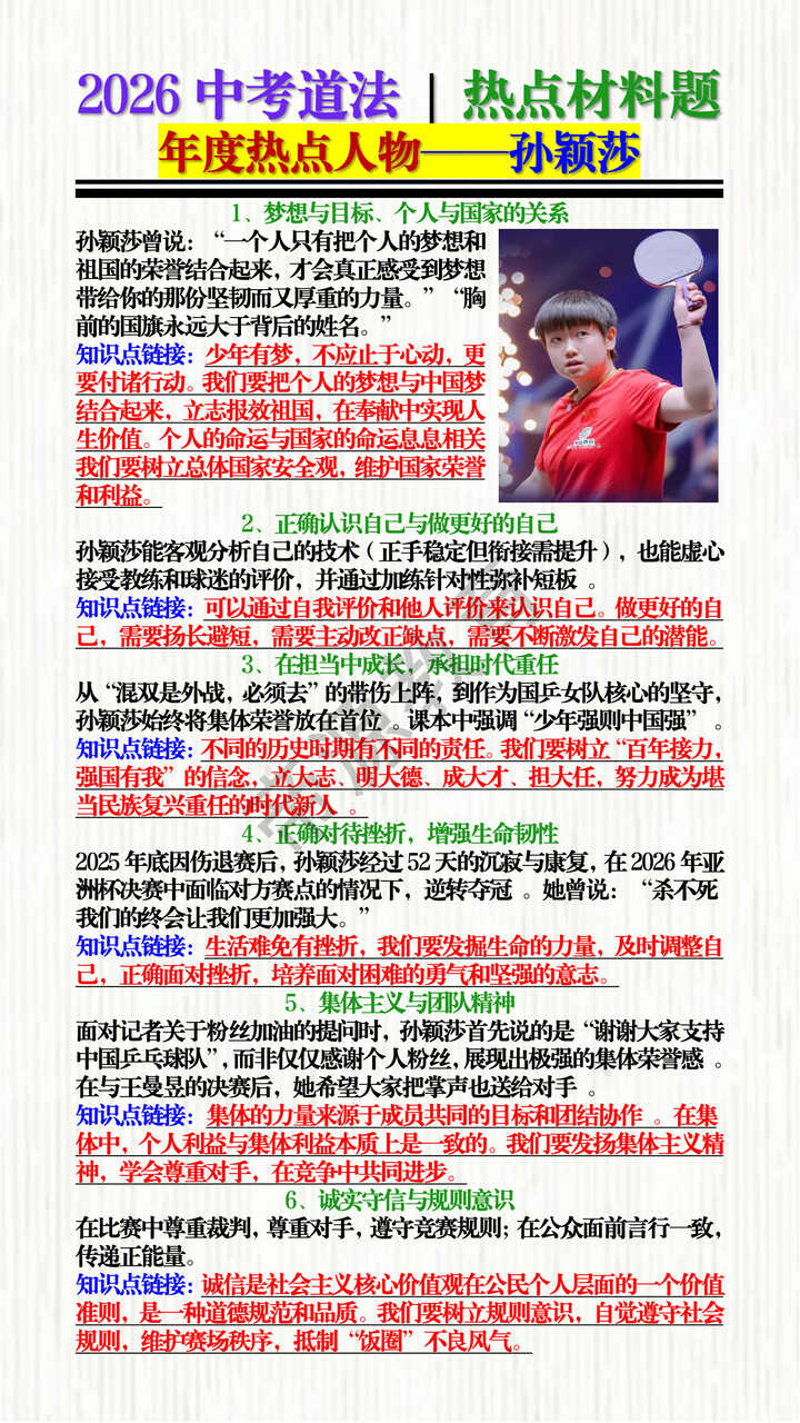 2026中考道法 | 热点材料题：年度热点人物——孙颖莎