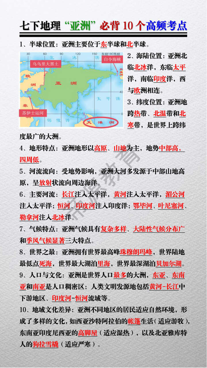 七年级下册地理“亚洲”必背10个高频考点