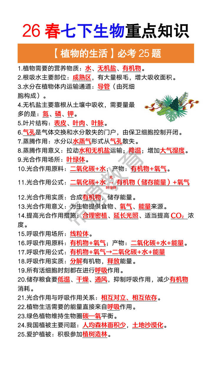 26春七下生物重点知识【植物的生活】必考25题