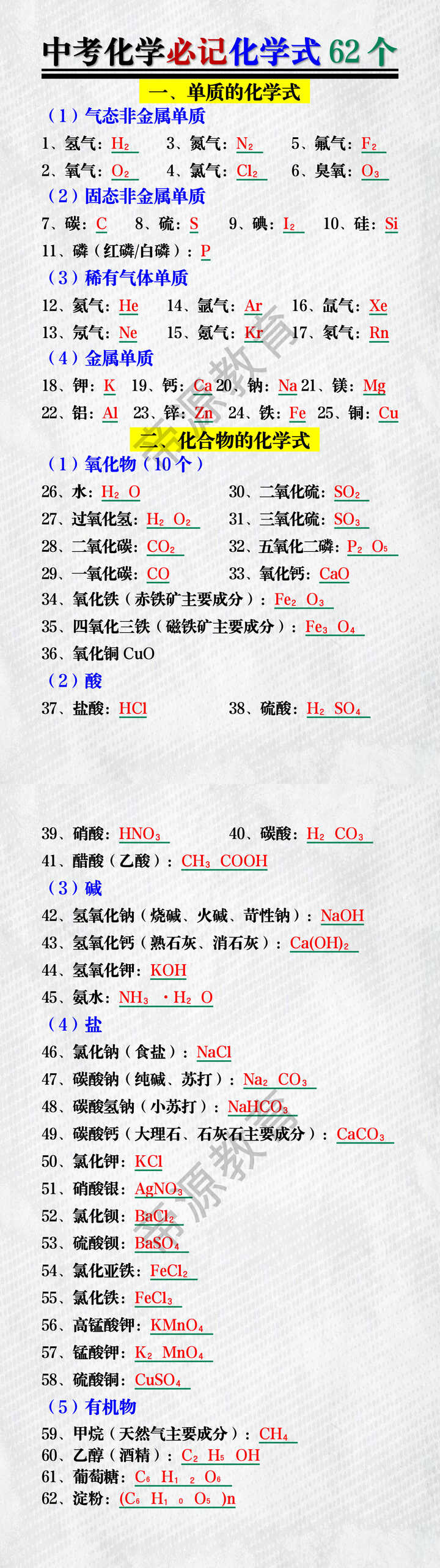 中考化学必记化学式62个