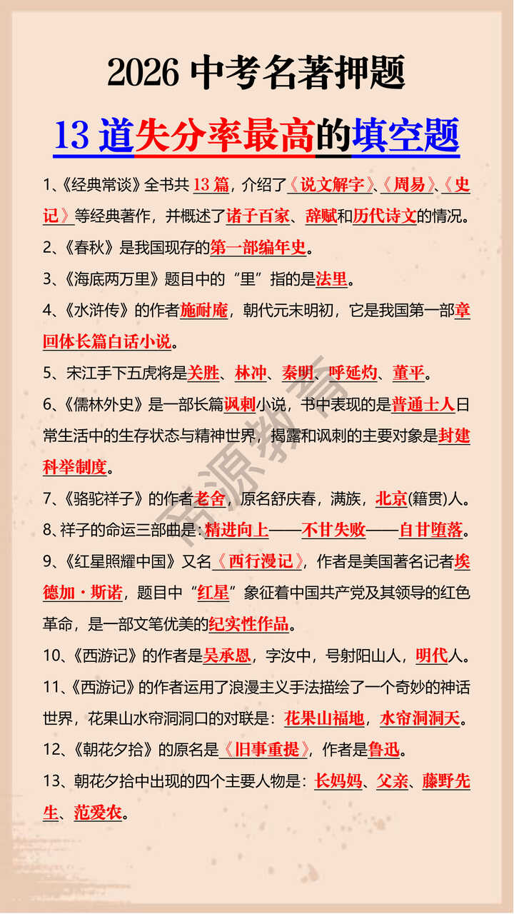 2026中考名著押题13道失分率最高的填空题