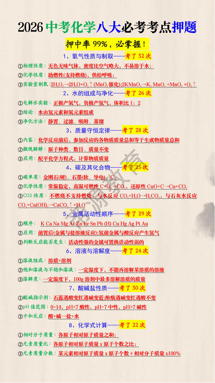 2026中考化学八大必考考点押题