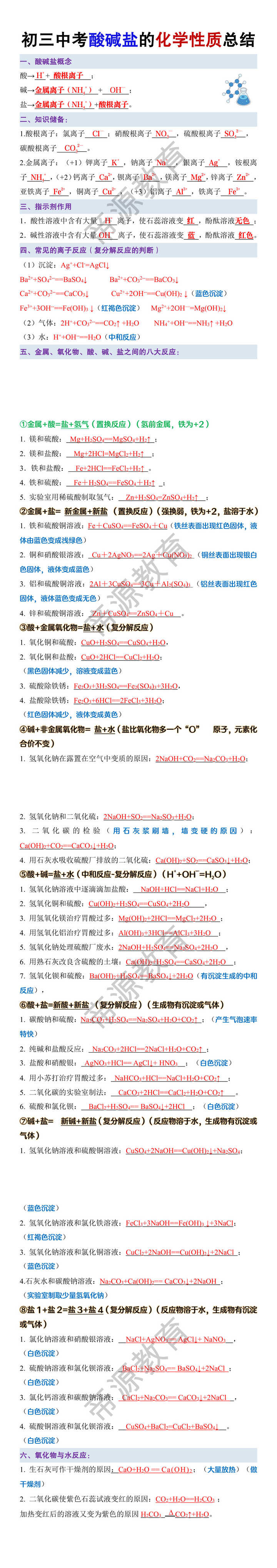 初三中考酸碱盐的化学性质总结