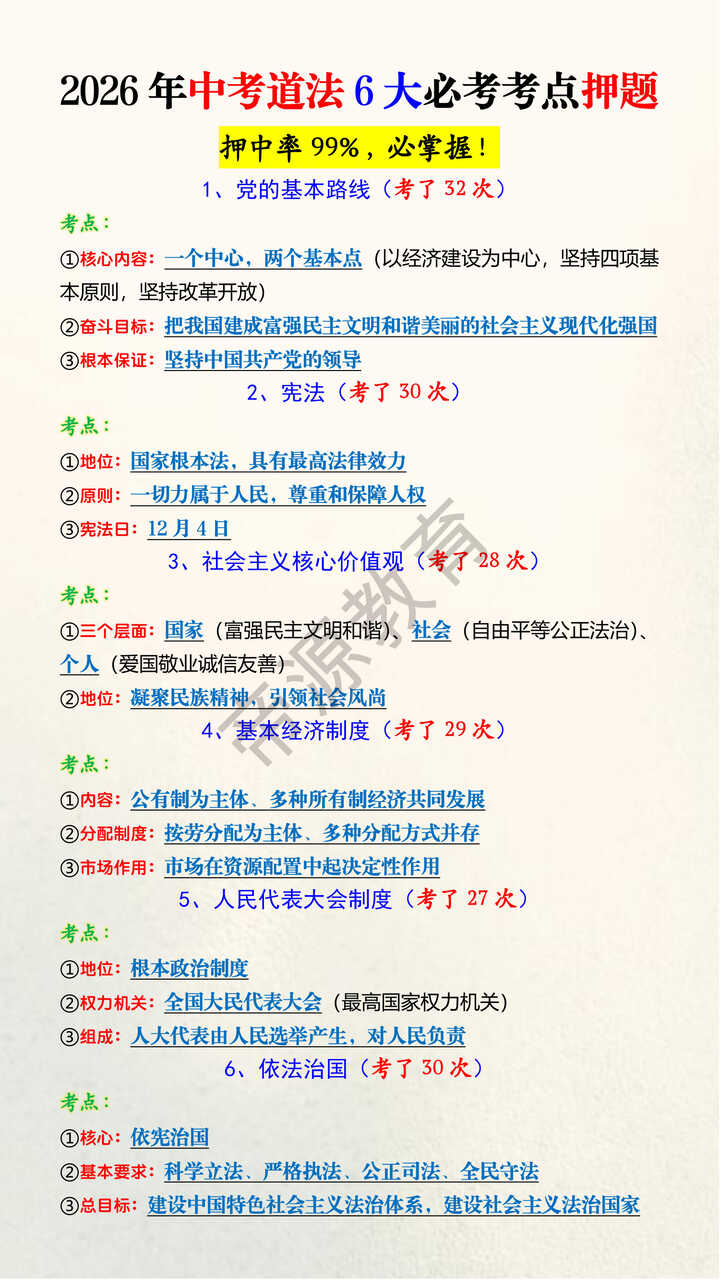 2026年中考道法6大必考考点押题 2026年中考道法6大必考考点押题