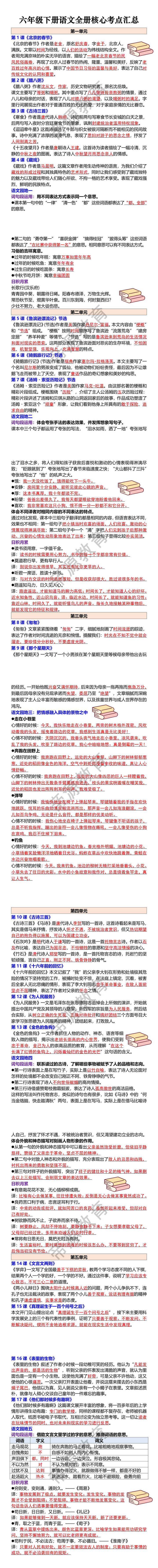 六年级下册语文全册核心考点汇总