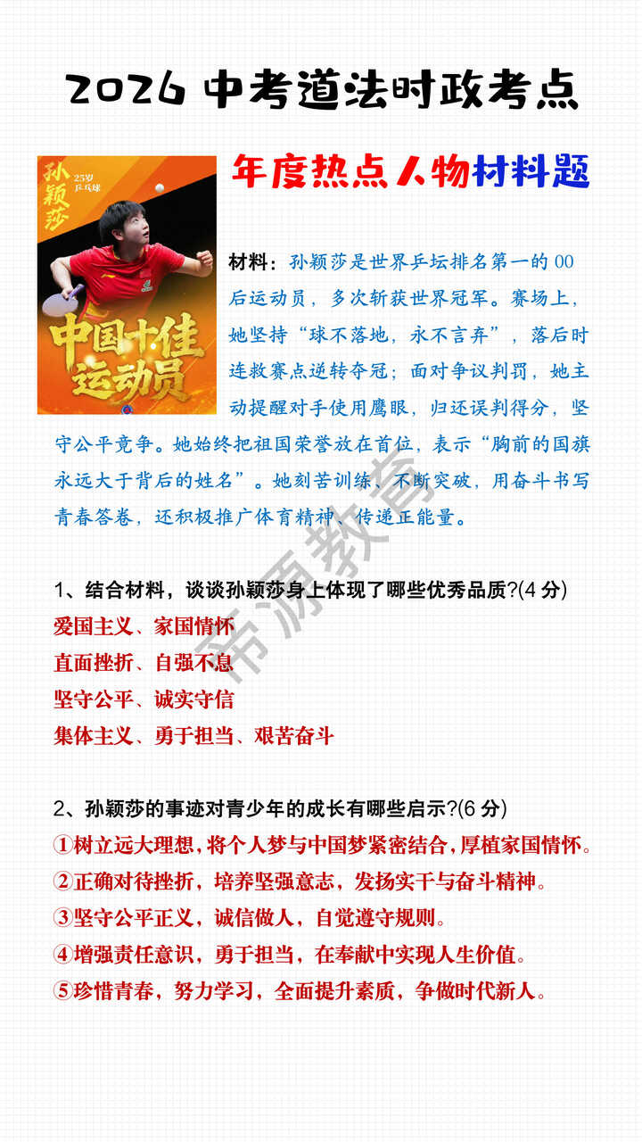 2026中考道法时政年度热点人物材料题