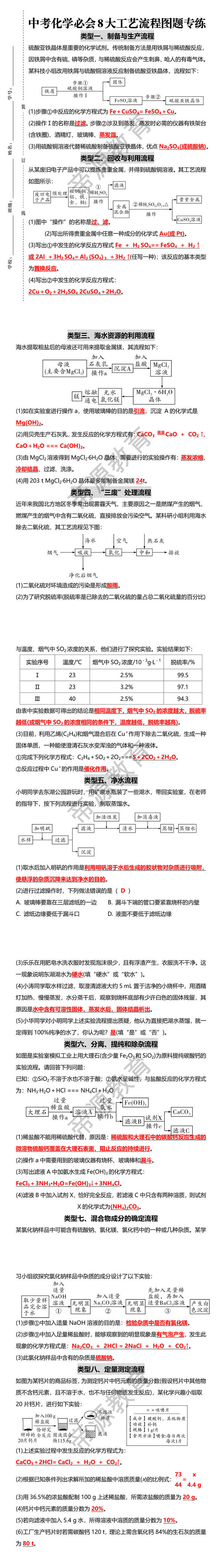 中考化学必会8大工艺流程图题专练 中考化学必会8大工艺流程图题专练
