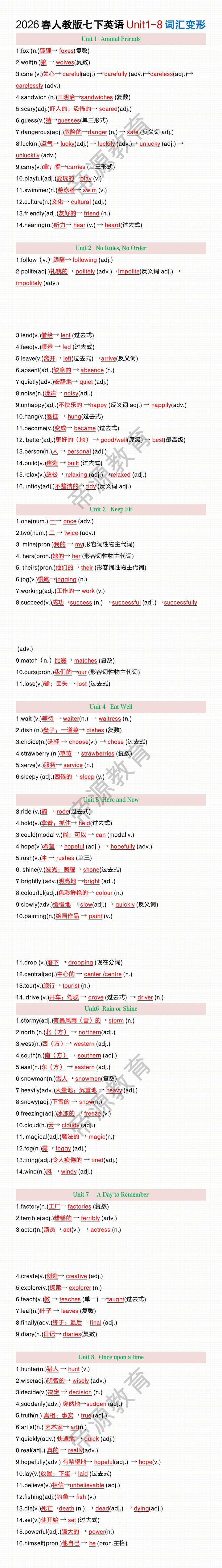 2026春人教版七下英语Unit1-8词汇变形