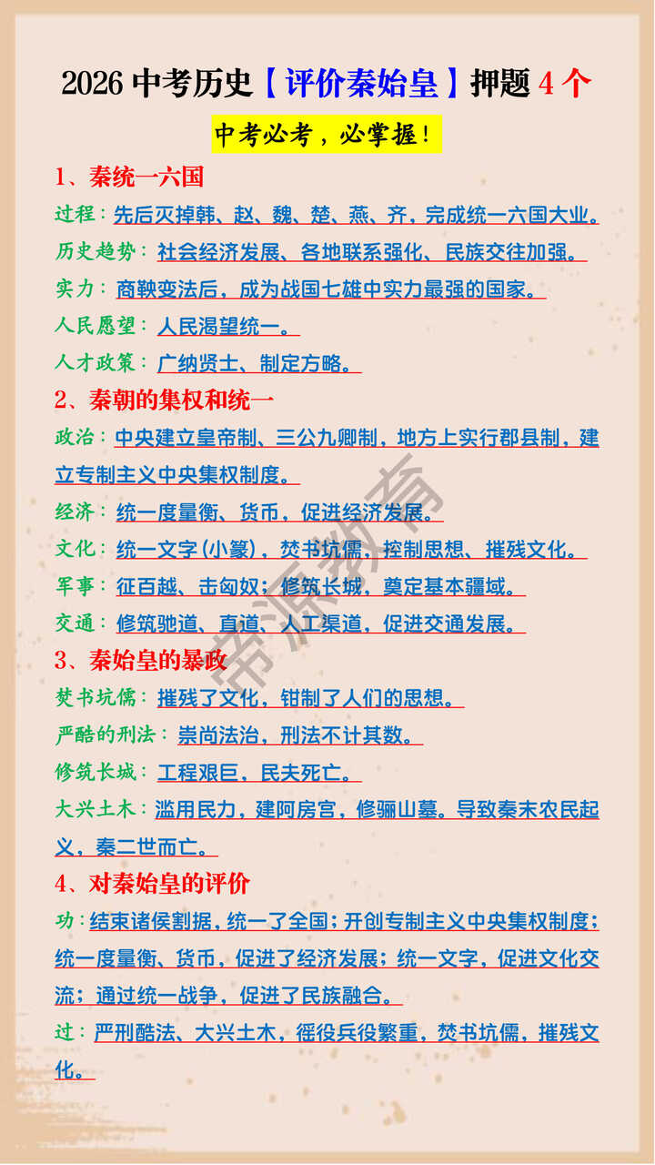 2026中考历史【评价秦始皇】押题4个