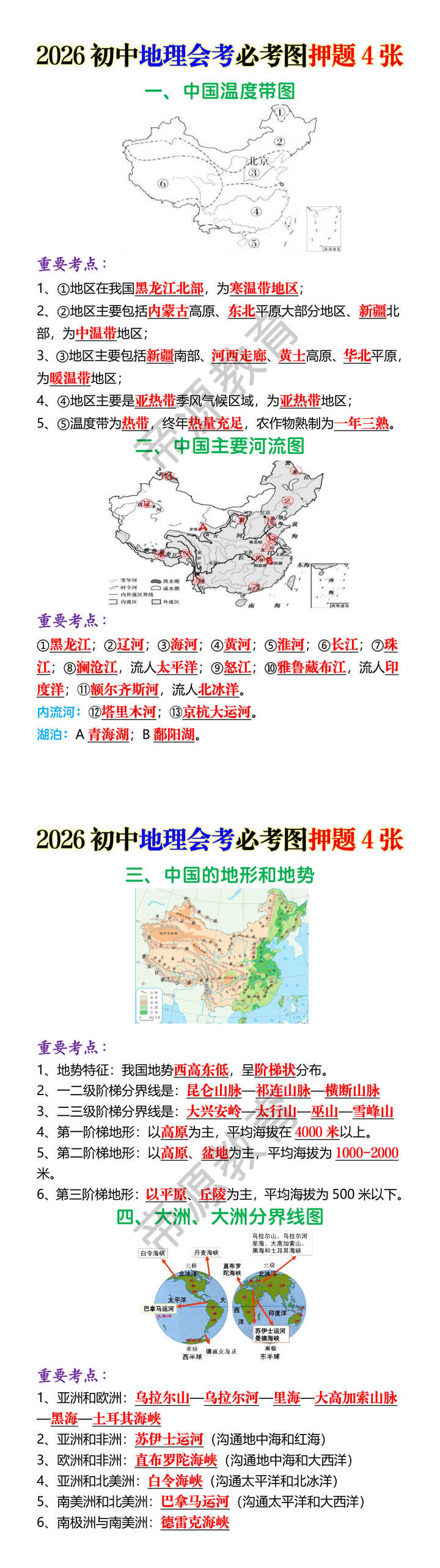 2026初中地理会考必考图押题4张