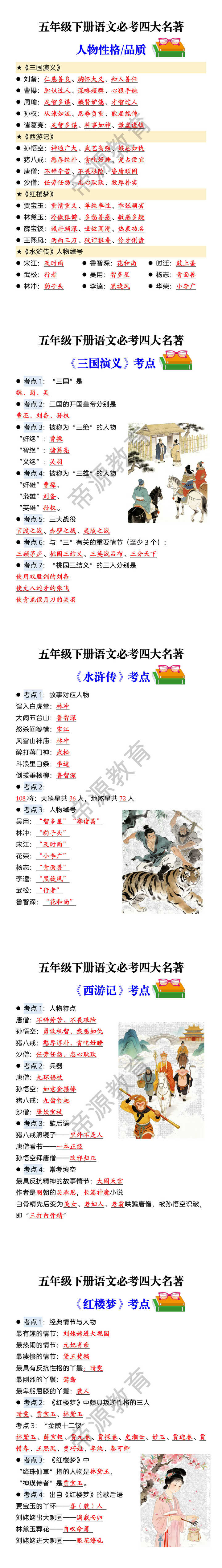 五年级下册语文必考四大名著 人物性格/品质