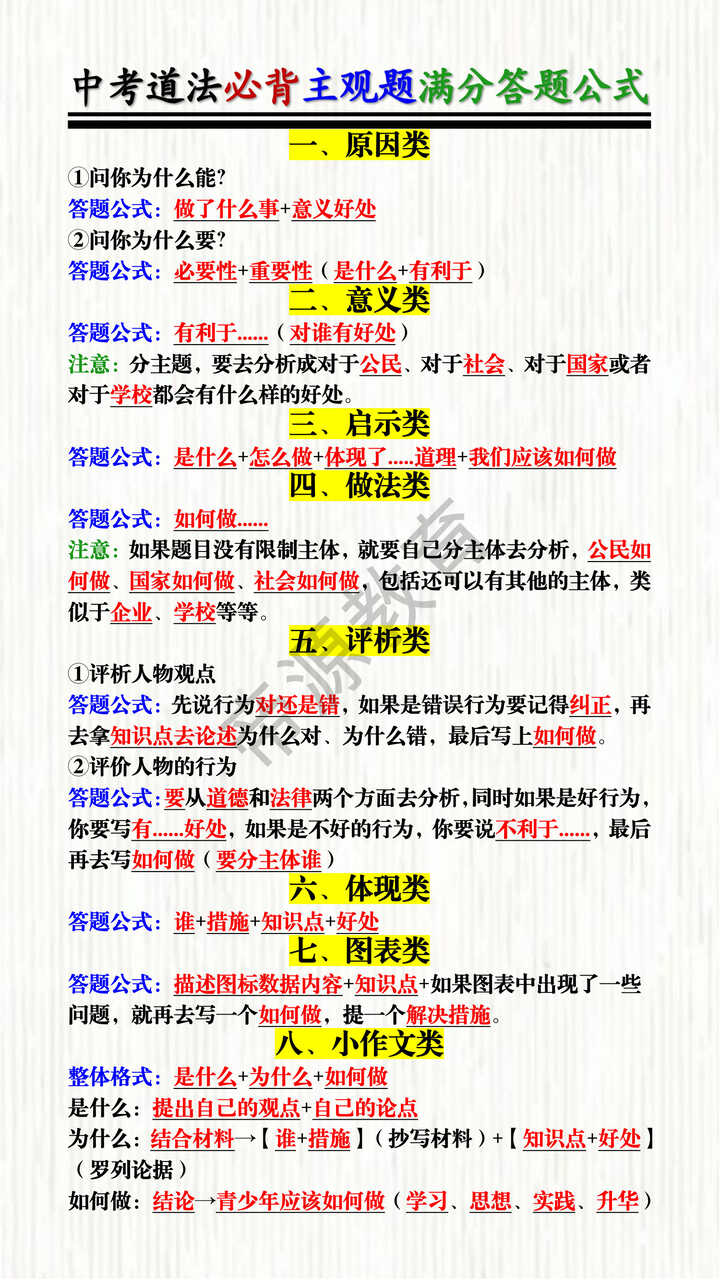 中考道法必背主观题满分答题公式