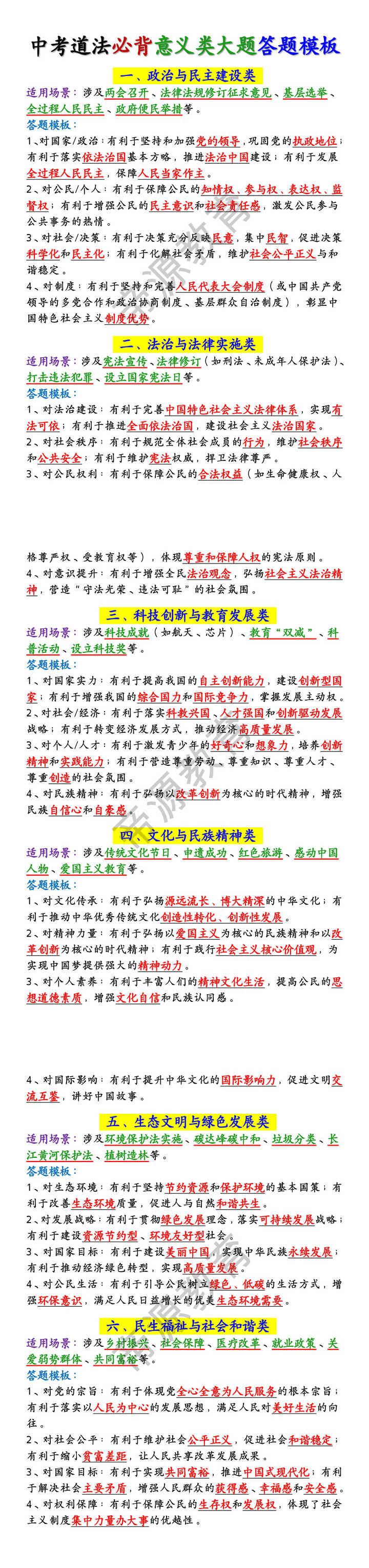 中考道法必背意义类大题答题模板