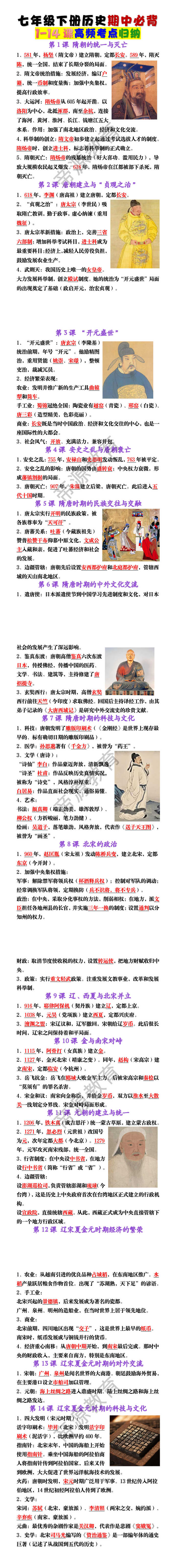 七年级下册历史 1-14课必背高频考点归纳