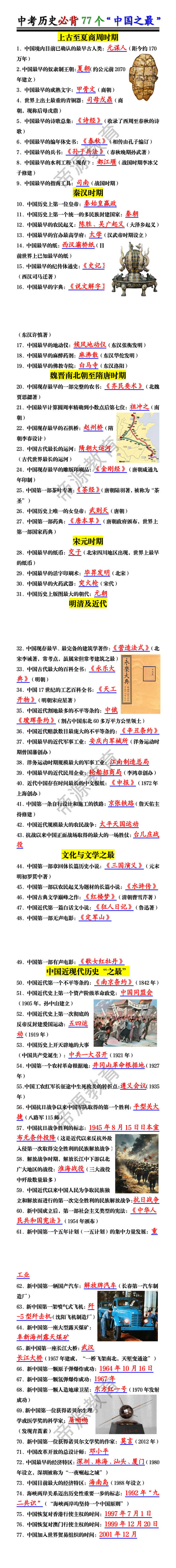 中考历史必背77个“中国之最”