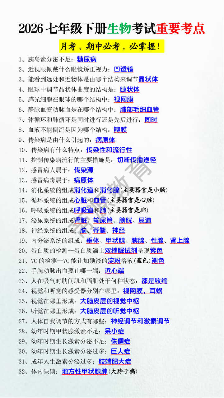 2026七年级下册生物考试重要考点