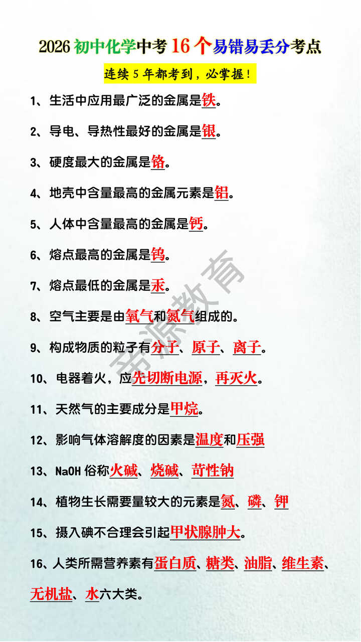 2026初中化学中考16个易错易丢分考点