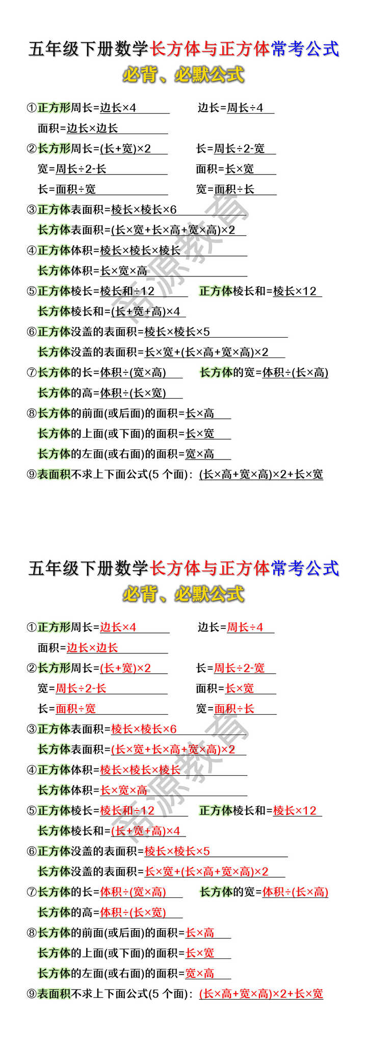 五年级下册数学长方体与正方体常考公式