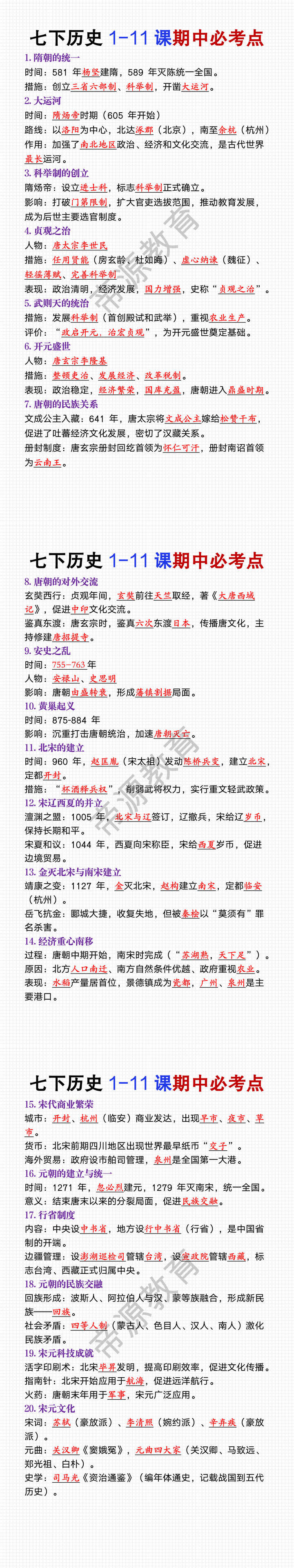 七年级下册历史1-11课期中必考点