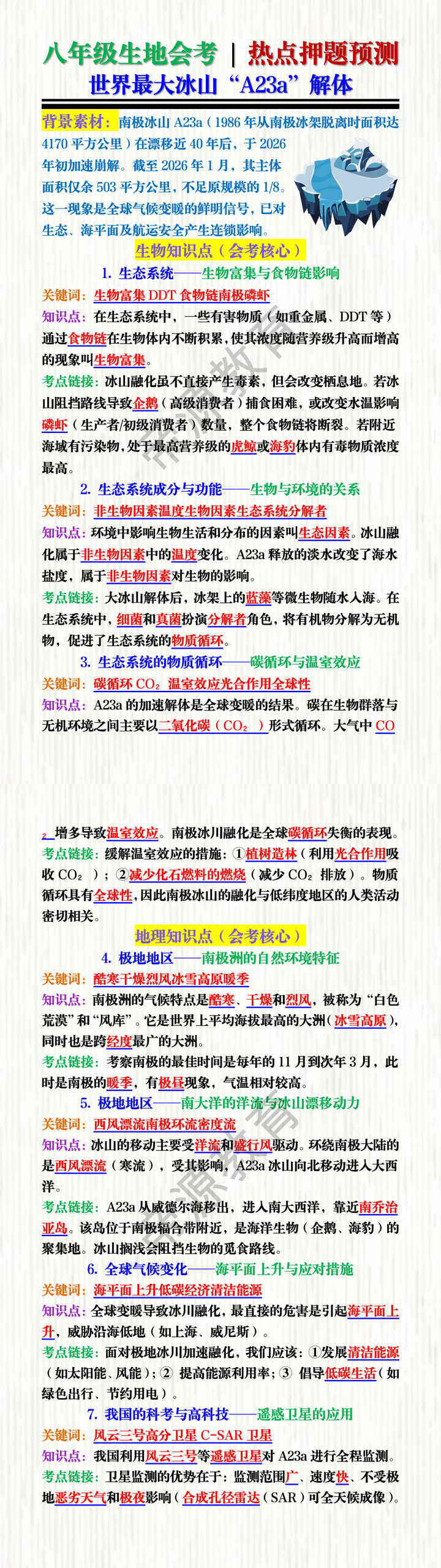 八年级生地会考 | 热点押题预测：世界最大冰山“A23a”解体