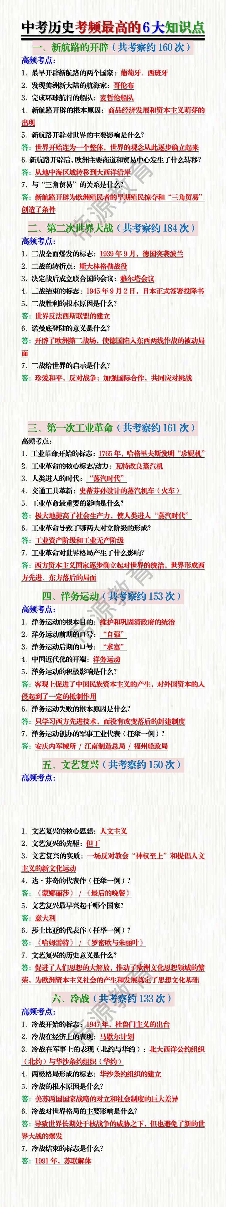 中考历史考频最高的6大知识点 中考历史考频最高的6大知识点