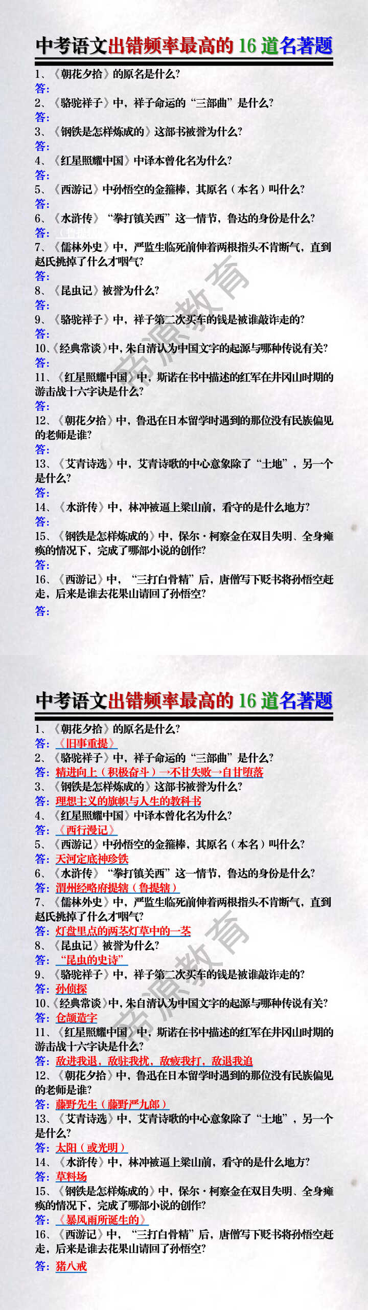 中考语文出错频率最高的16道名著题 中考语文出错频率最高的16道名著题
