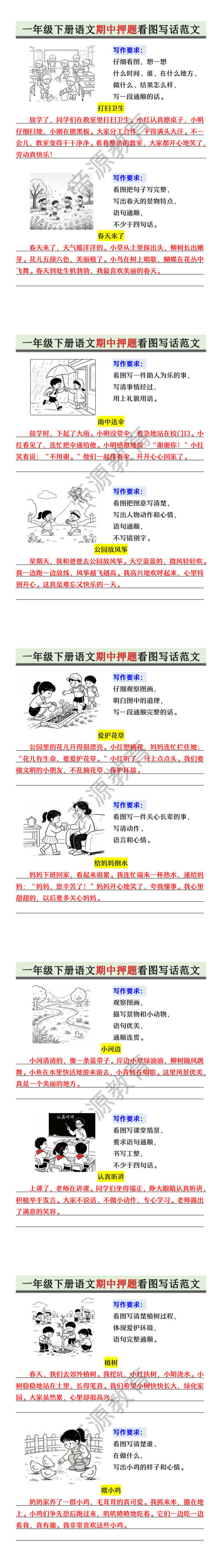 一年级下册语文期中押题看图写话范文