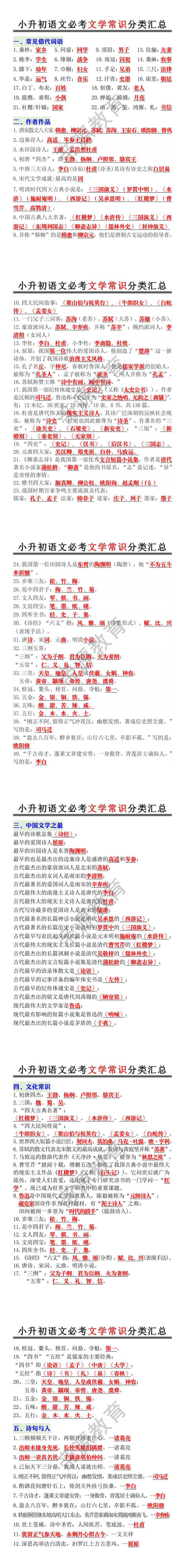 小升初语文必考文学常识分类汇总