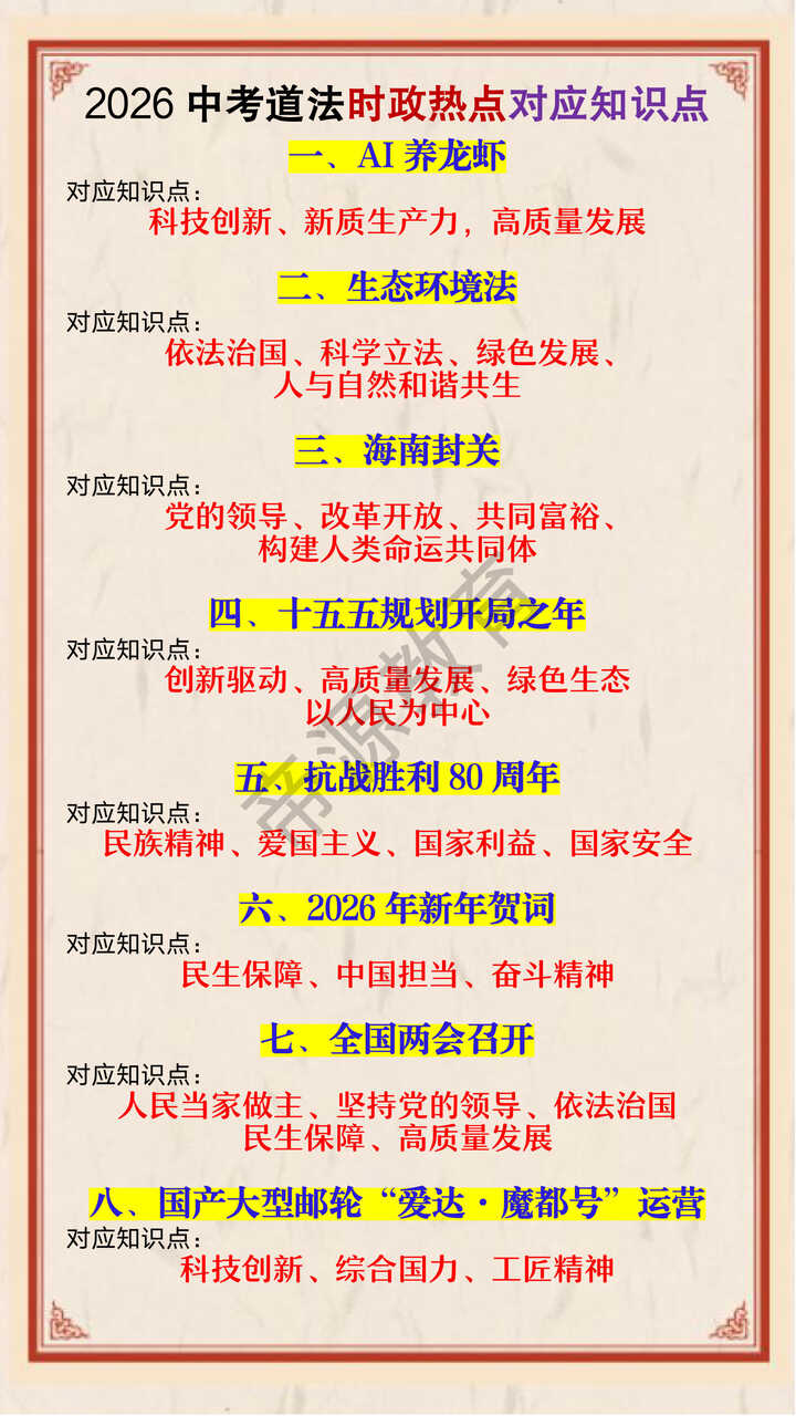 2026中考道法时政热点对应知识点