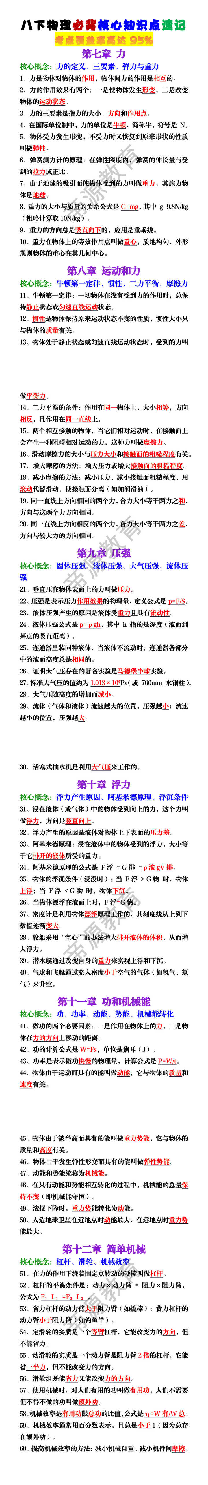 八下物理必背核心知识点速记