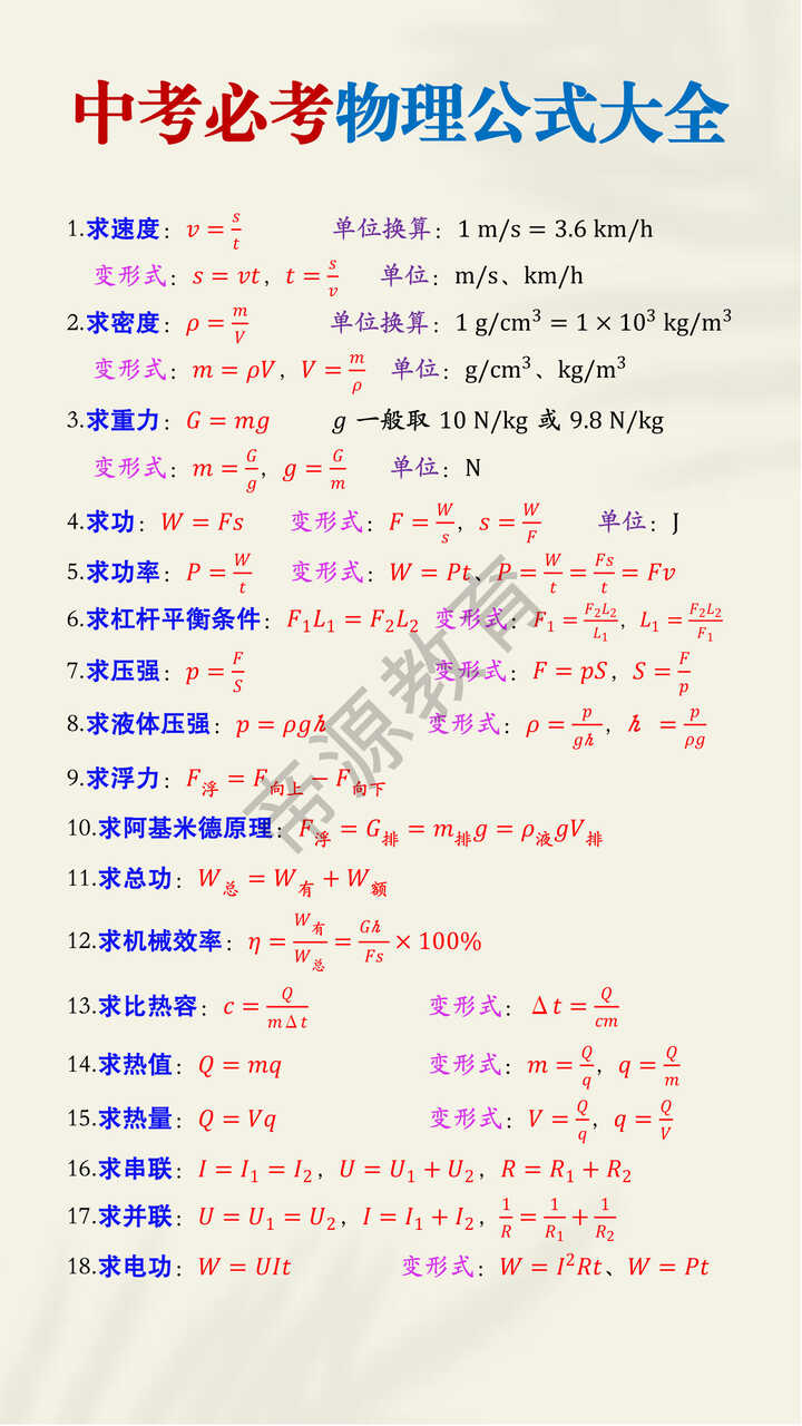 中考必考物理公式大全