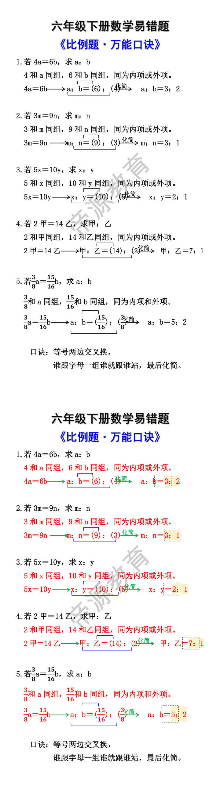 六年级下册数学易错比例题