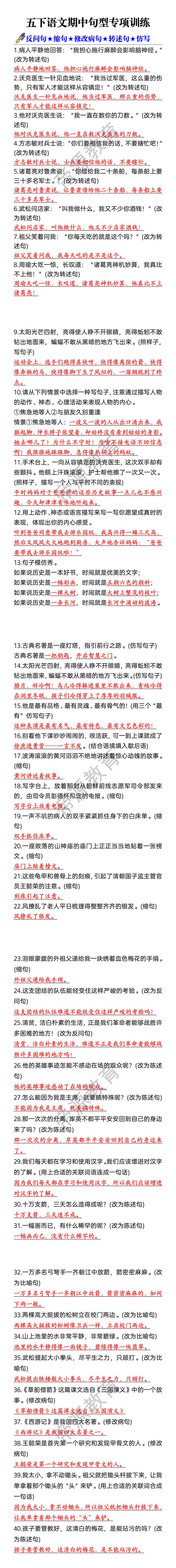 五下语文期中句型专项训练