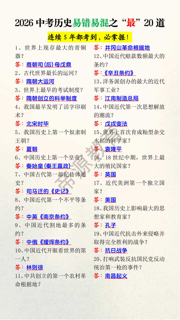 2026中考历史易错易混之“最”20道 2026中考历史易错易混之“最”20道