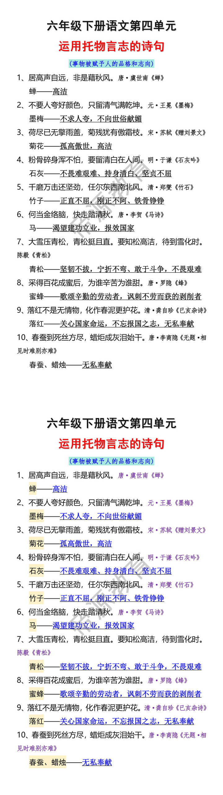 六年级下册语文第四单元运用托物言志的诗句知识点