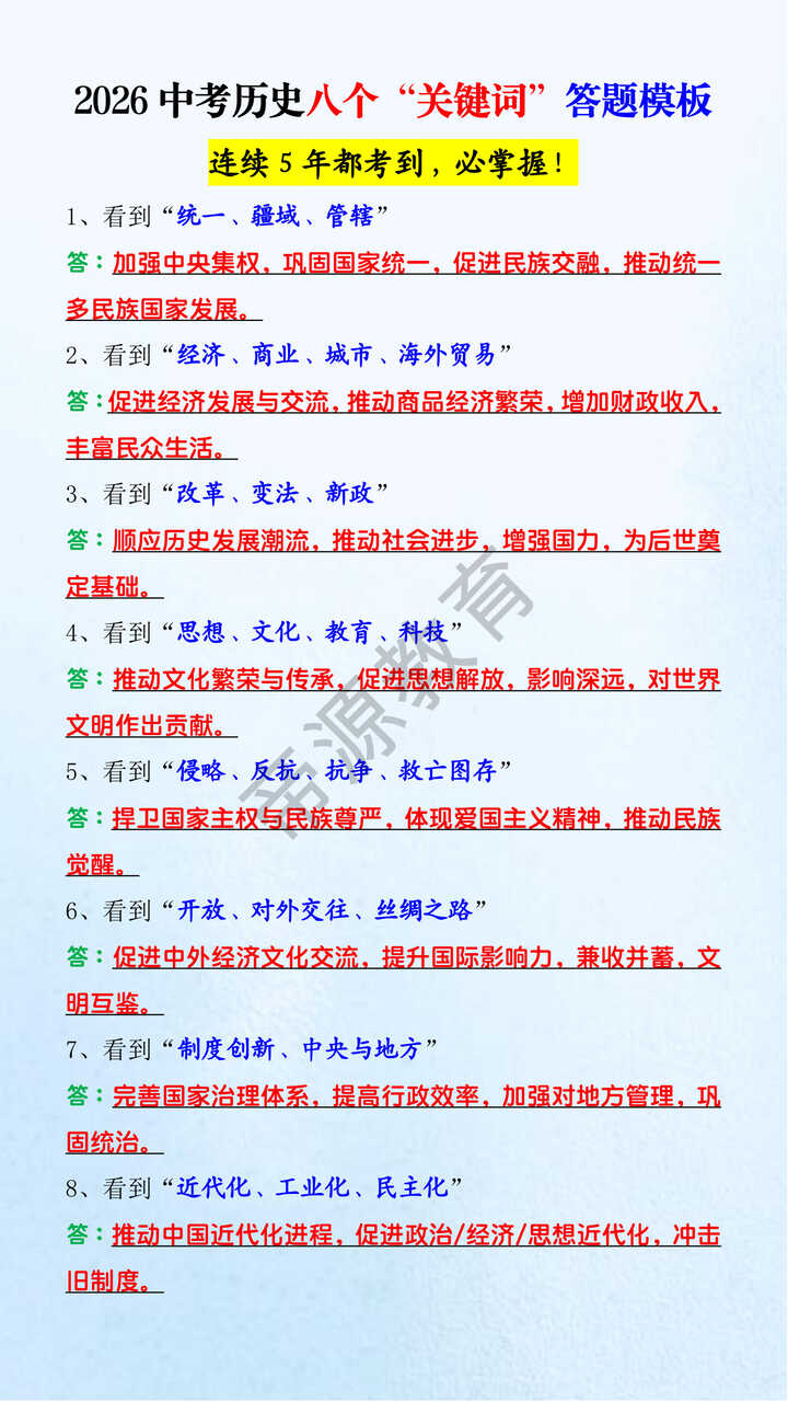 2026中考历史八个“关键词”答题模板