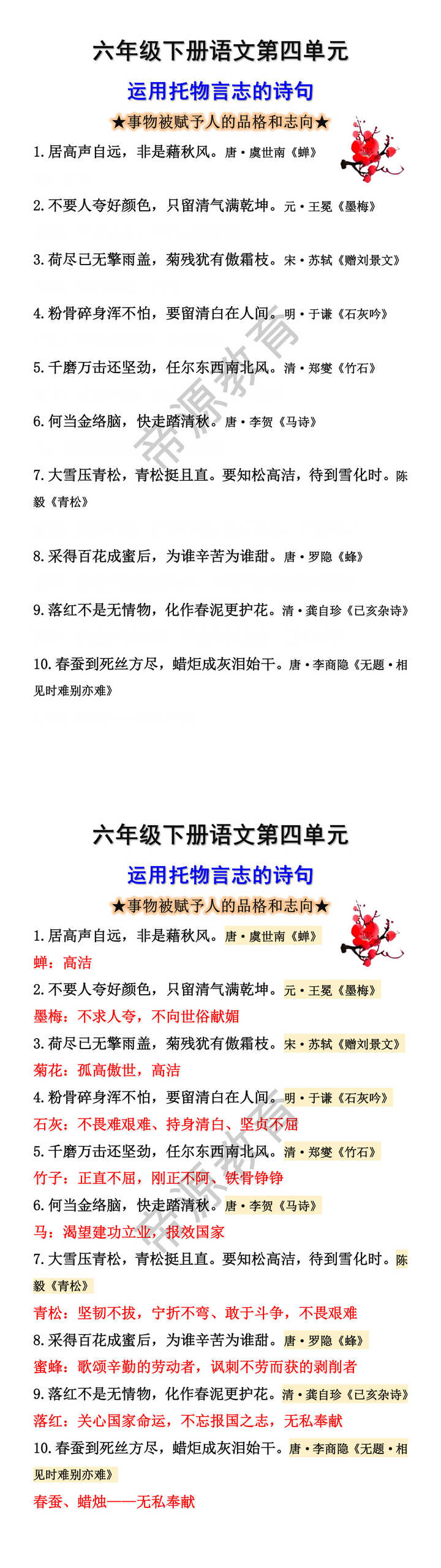 六下语文第四单元运用托物言志的诗句知识点