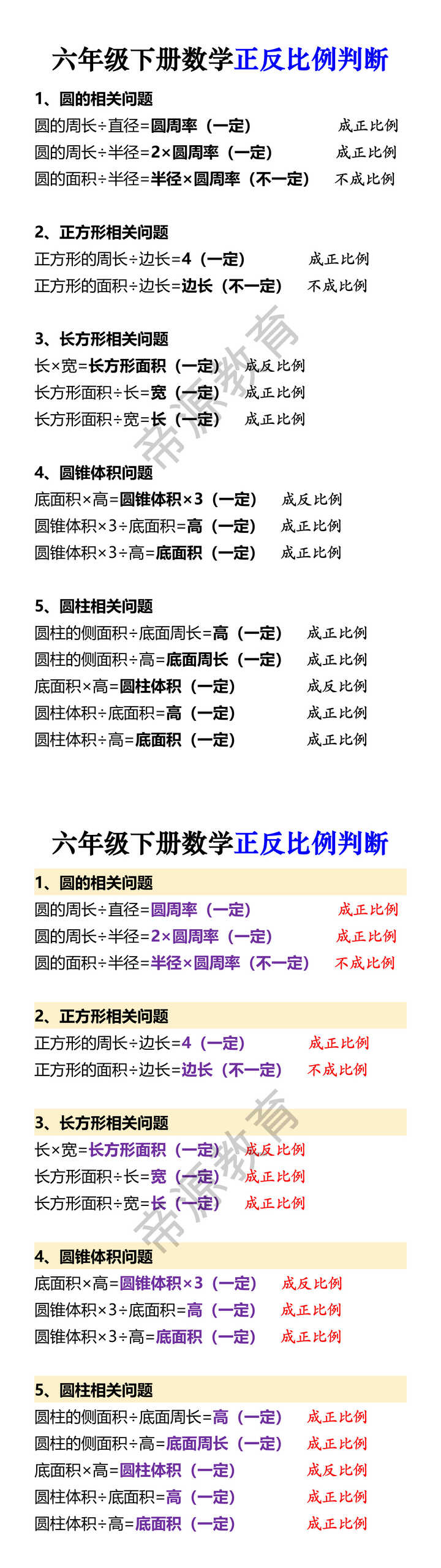六年级下册数学正反比例判断