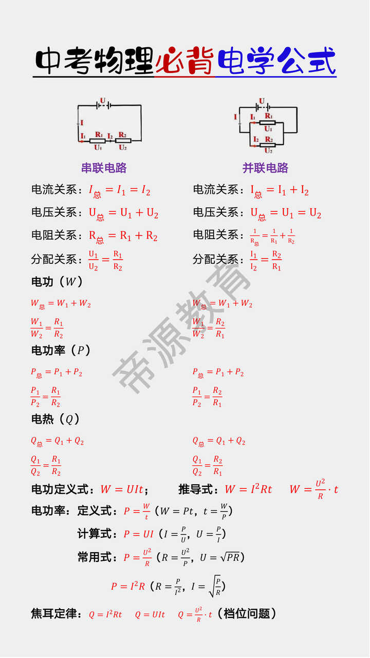 中考物理必背电学公式