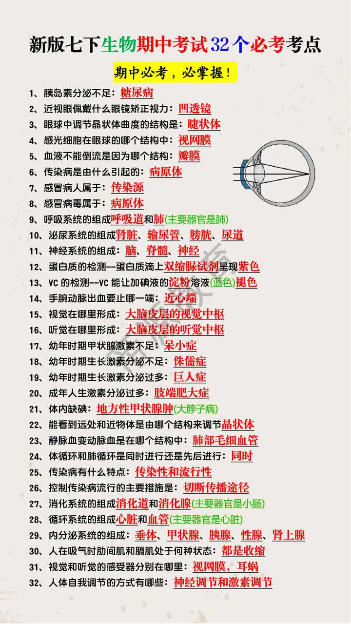 新版七下生物期中考试32个必考考点