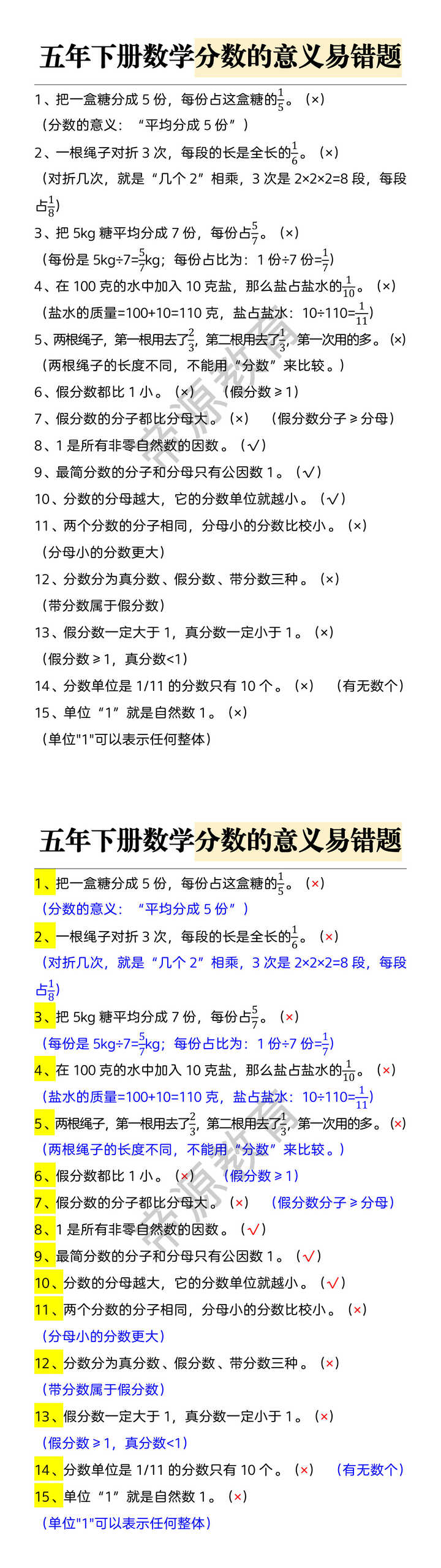 五年下册数学分数的意义易错题