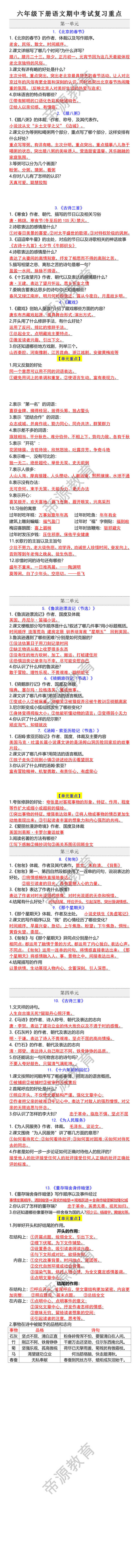 六年级下册语文期中考试复习重点