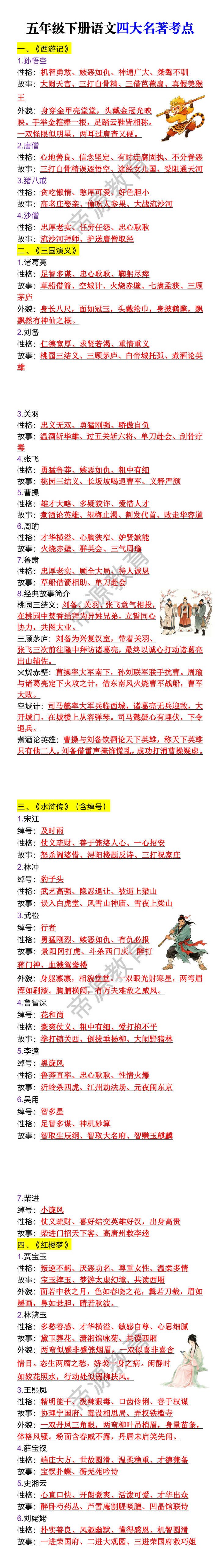 五年级下册语文四大名著考点