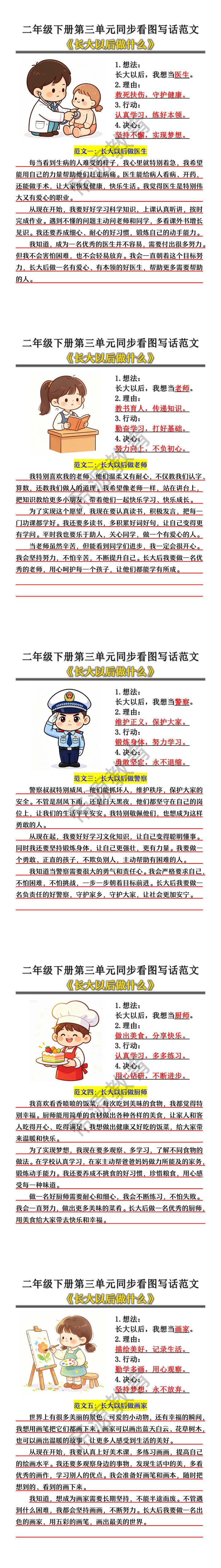 二年级下册第三单元《长大以后做什么》同步看图写话范文