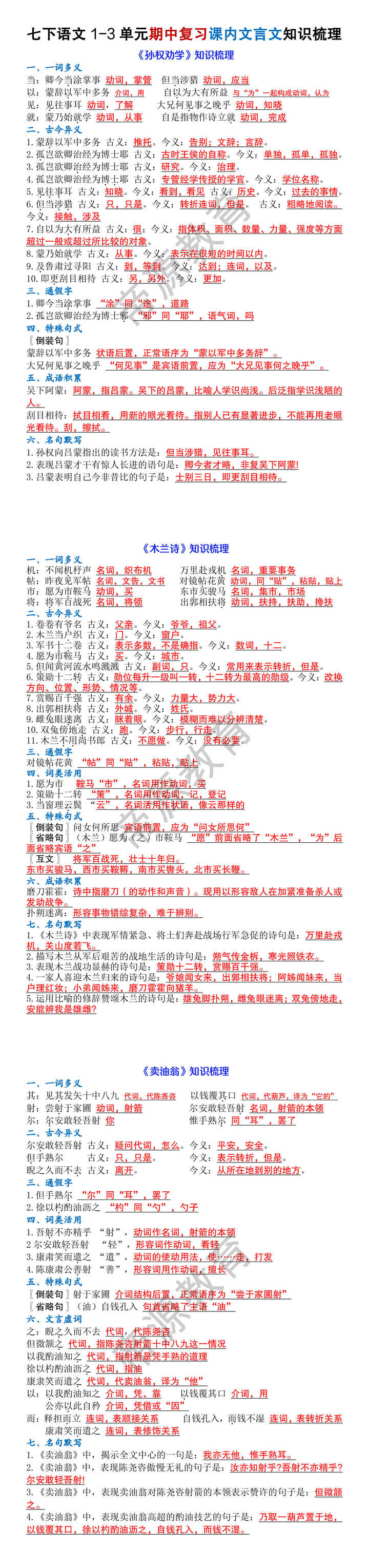 七下语文1-3单元期中复习课内文言文知识梳理