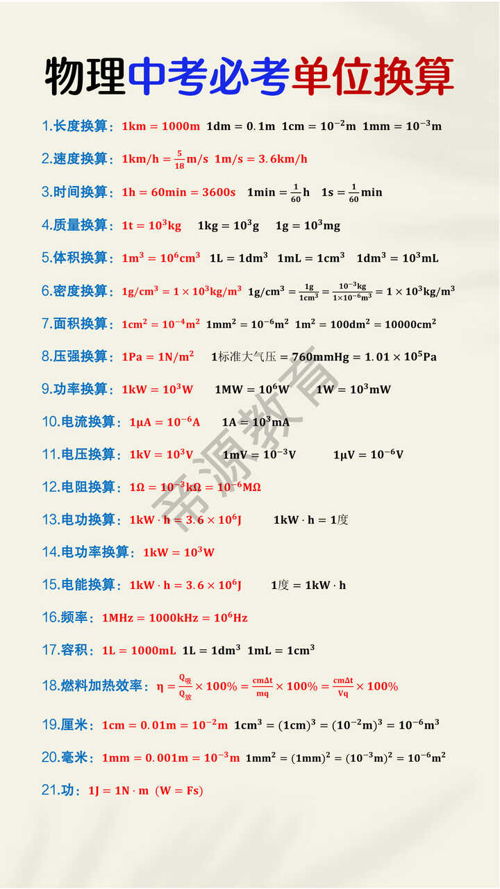 物理中考必考单位换算