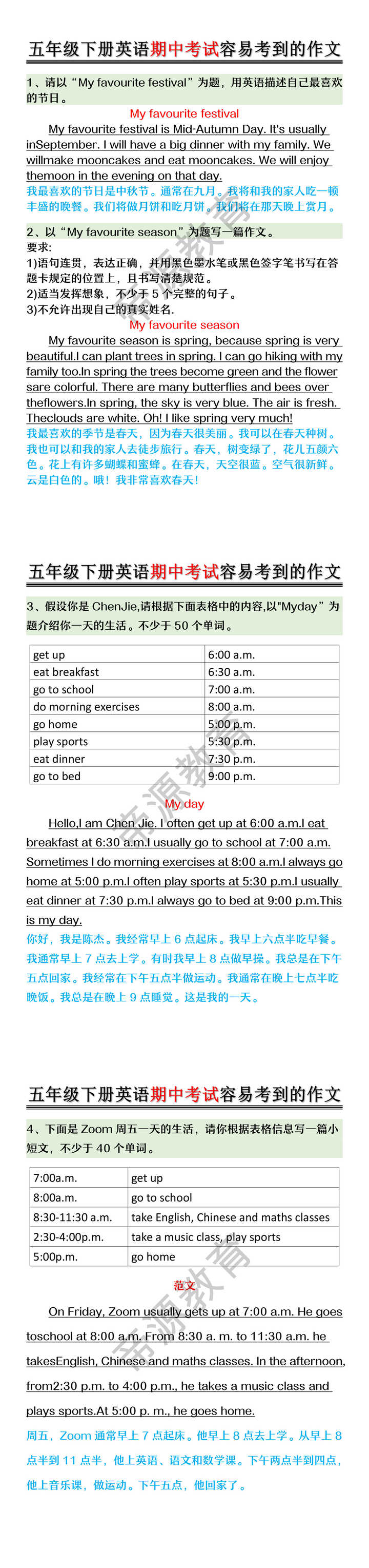 五年级下册英语期中考试容易考到的作文
