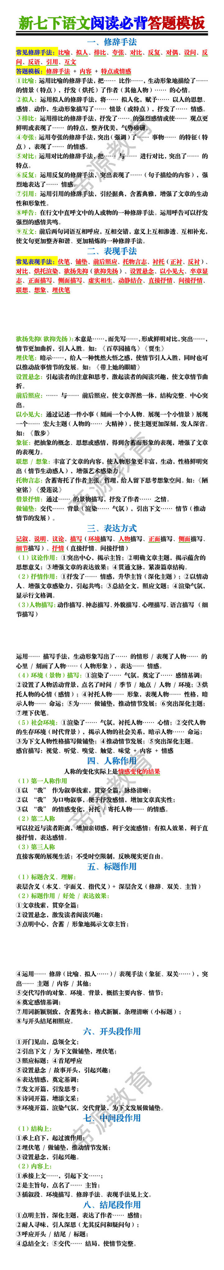 新七下语文阅读必背答题模板