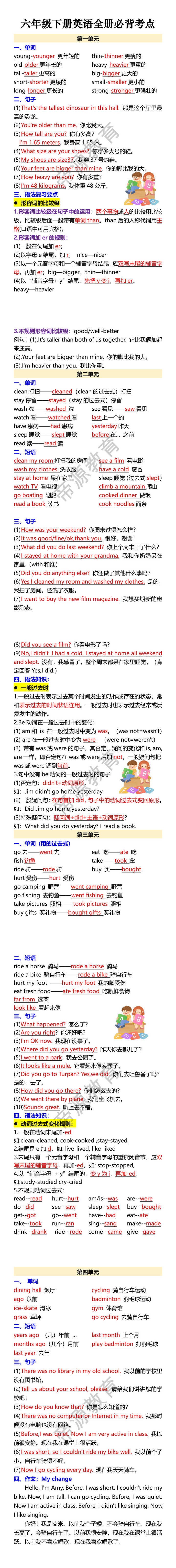 六年级下册英语全册必背考点